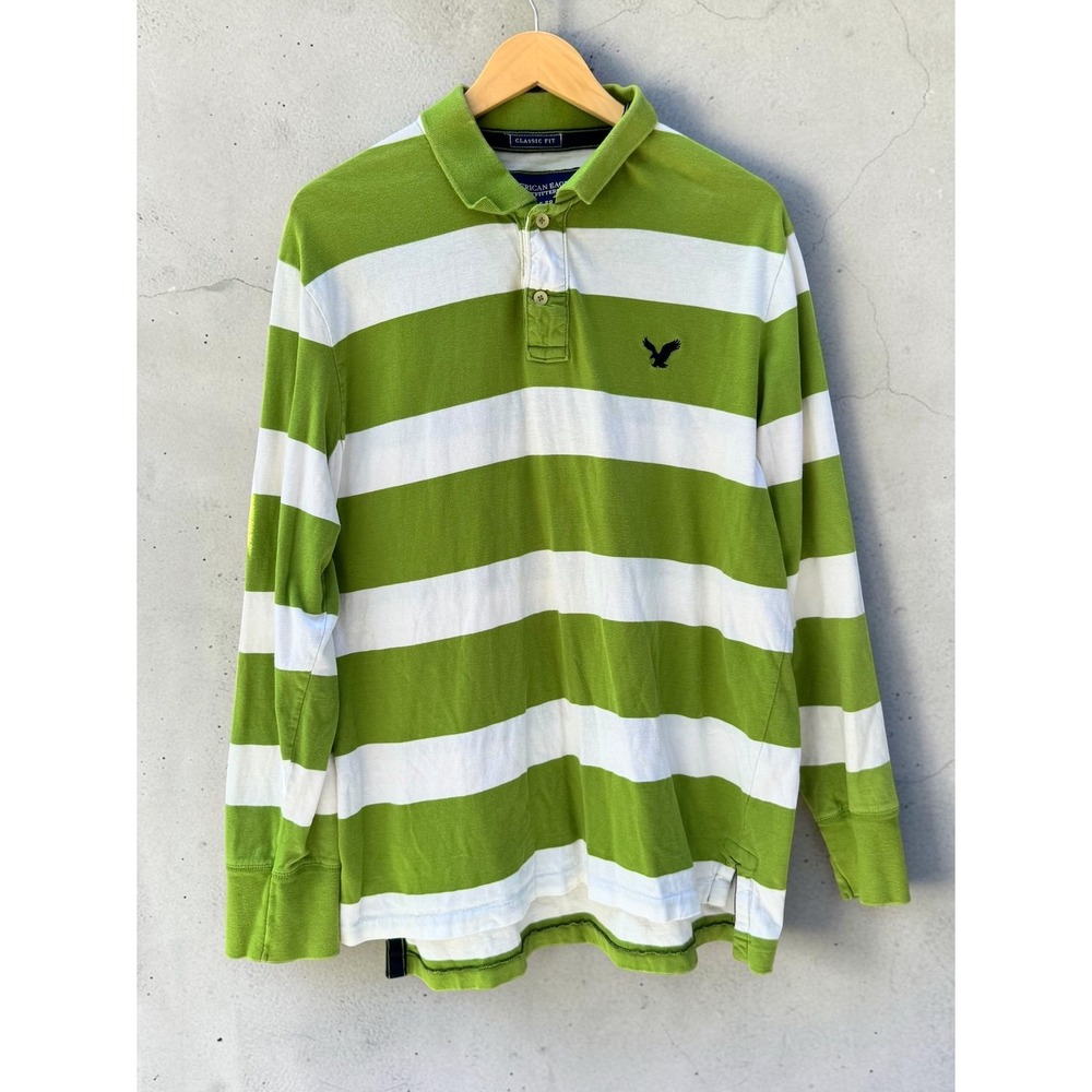 American Eagle Outfitters Rugby Polo Shirt XL Green White Striped Long Sleeve